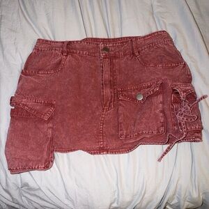 Red Denim Cargo Mini Skirt
